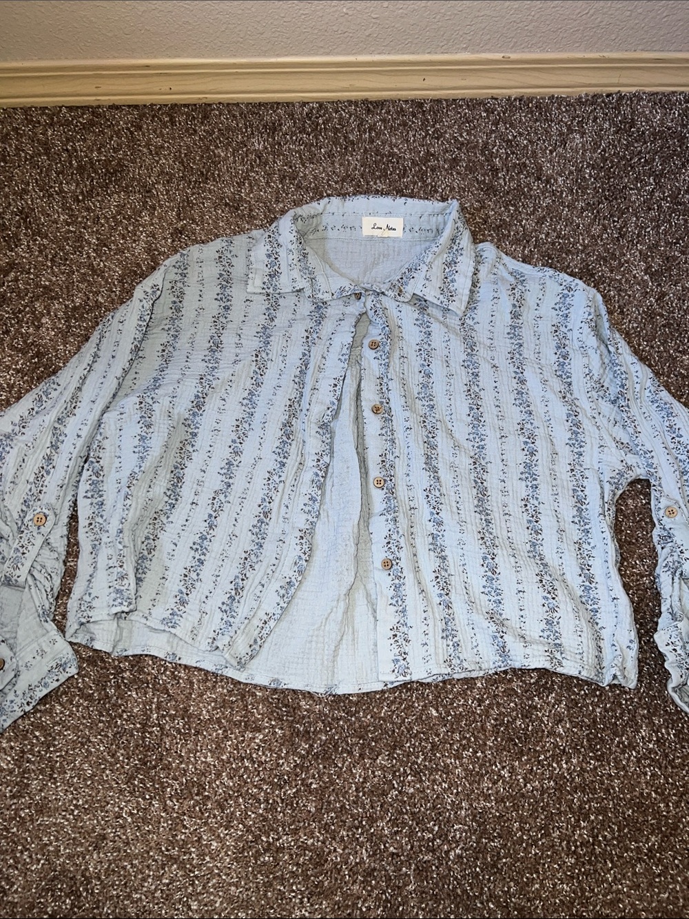 Love Notes Light Blue Top with Navy and Brown Floral Trim